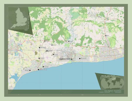 Foto de Arun, distrito no metropolitano de Inglaterra Gran Bretaña. Open Street Map. Ubicaciones y nombres de las principales ciudades de la región. Mapas de ubicación auxiliares de esquina - Imagen libre de derechos