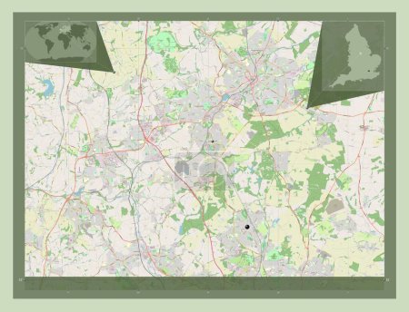 Foto de Ashfield, distrito no metropolitano de Inglaterra Gran Bretaña. Open Street Map. Ubicaciones de las principales ciudades de la región. Mapas de ubicación auxiliares de esquina - Imagen libre de derechos