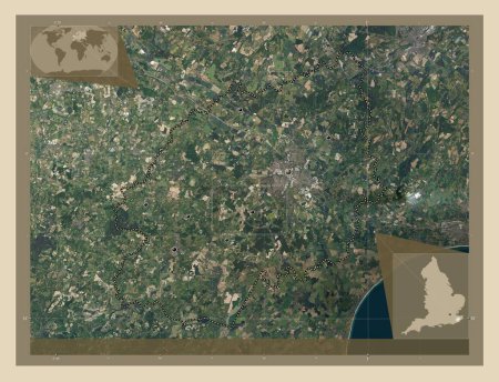 Foto de Ashford, distrito no metropolitano de Inglaterra Gran Bretaña. Mapa satelital de alta resolución. Ubicaciones de las principales ciudades de la región. Mapas de ubicación auxiliares de esquina - Imagen libre de derechos