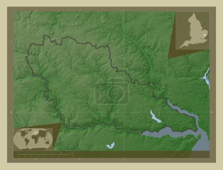 Téléchargez les photos : Babergh, district non métropolitain d'Angleterre - Grande-Bretagne. Carte d'altitude colorée dans le style wiki avec des lacs et des rivières. Corner cartes de localisation auxiliaires - en image libre de droit