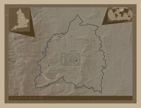 Photo for Bassetlaw, non metropolitan district of England - Great Britain. Elevation map colored in sepia tones with lakes and rivers. Locations of major cities of the region. Corner auxiliary location maps - Royalty Free Image