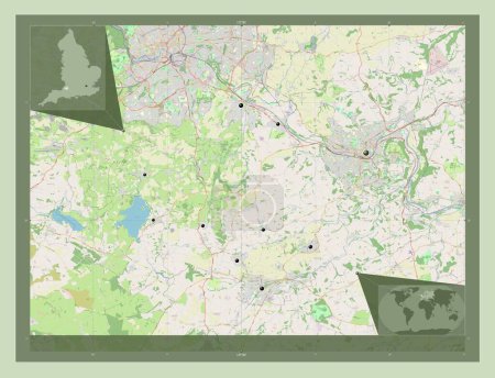 Téléchargez les photos : Bath et North East Somerset, autorité unitaire de l'Angleterre - Grande-Bretagne. Ouvrir la carte routière. Emplacements des grandes villes de la région. Corner cartes de localisation auxiliaires - en image libre de droit
