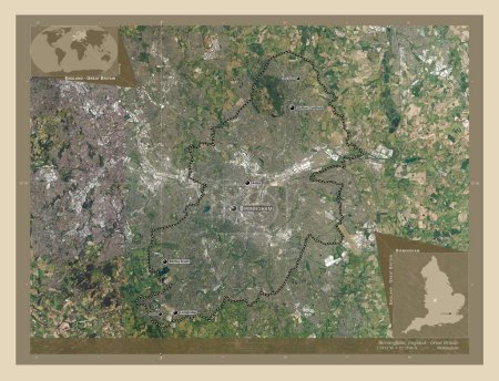 Photo for Birmingham, administrative county of England - Great Britain. High resolution satellite map. Locations and names of major cities of the region. Corner auxiliary location maps - Royalty Free Image