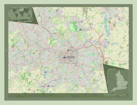 Photo for Birmingham, administrative county of England - Great Britain. Open Street Map. Locations and names of major cities of the region. Corner auxiliary location maps - Royalty Free Image