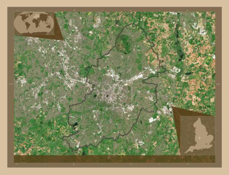 Téléchargez les photos : Birmingham, comté administratif d'Angleterre - Grande-Bretagne. Carte satellite basse résolution. Corner cartes de localisation auxiliaires - en image libre de droit