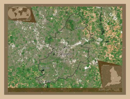 Photo for Birmingham, administrative county of England - Great Britain. Low resolution satellite map. Locations and names of major cities of the region. Corner auxiliary location maps - Royalty Free Image