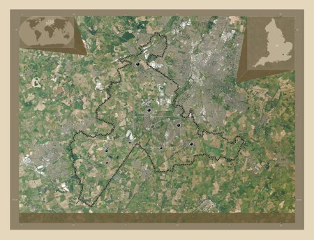 Foto de Blaby, distrito no metropolitano de Inglaterra Gran Bretaña. Mapa satelital de alta resolución. Ubicaciones de las principales ciudades de la región. Mapas de ubicación auxiliares de esquina - Imagen libre de derechos