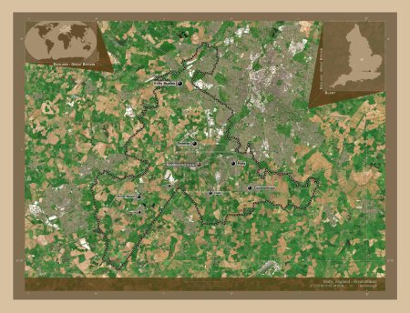 Foto de Blaby, distrito no metropolitano de Inglaterra Gran Bretaña. Mapa satelital de baja resolución. Ubicaciones y nombres de las principales ciudades de la región. Mapas de ubicación auxiliares de esquina - Imagen libre de derechos