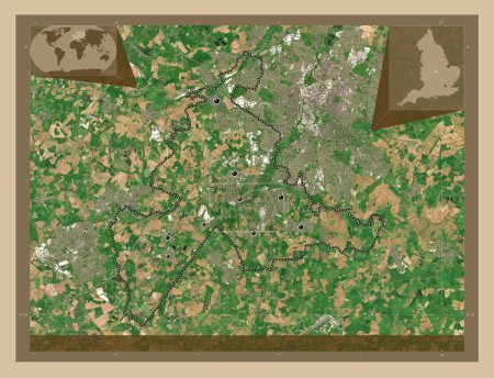 Téléchargez les photos : Blaby, district non métropolitain d'Angleterre - Grande-Bretagne. Carte satellite basse résolution. Emplacements des grandes villes de la région. Corner cartes de localisation auxiliaires - en image libre de droit