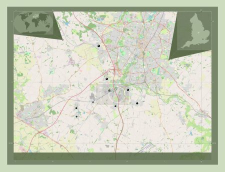 Foto de Blaby, distrito no metropolitano de Inglaterra Gran Bretaña. Open Street Map. Ubicaciones de las principales ciudades de la región. Mapas de ubicación auxiliares de esquina - Imagen libre de derechos
