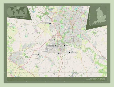 Foto de Blaby, distrito no metropolitano de Inglaterra Gran Bretaña. Open Street Map. Ubicaciones y nombres de las principales ciudades de la región. Mapas de ubicación auxiliares de esquina - Imagen libre de derechos