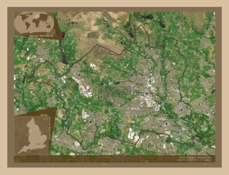 Foto de Bolton, condado administrativo de Inglaterra - Gran Bretaña. Mapa satelital de baja resolución. Ubicaciones y nombres de las principales ciudades de la región. Mapas de ubicación auxiliares de esquina - Imagen libre de derechos