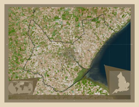 Foto de Boston, distrito no metropolitano de Inglaterra - Gran Bretaña. Mapa satelital de alta resolución. Ubicaciones de las principales ciudades de la región. Mapas de ubicación auxiliares de esquina - Imagen libre de derechos