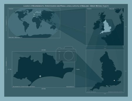 Photo for Bournemouth, Christchurch and Poole, unitary authority of England - Great Britain. Diagram showing the location of the region on larger-scale maps. Composition of vector frames and PNG shapes on a solid background - Royalty Free Image
