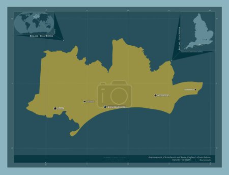 Photo for Bournemouth, Christchurch and Poole, unitary authority of England - Great Britain. Solid color shape. Locations and names of major cities of the region. Corner auxiliary location maps - Royalty Free Image