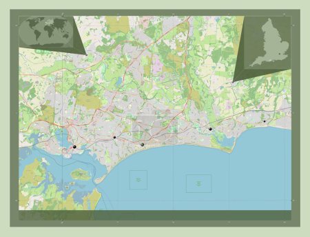 Foto de Bournemouth, Christchurch y Poole, autoridad unitaria de Inglaterra Gran Bretaña. Open Street Map. Ubicaciones de las principales ciudades de la región. Mapas de ubicación auxiliares de esquina - Imagen libre de derechos