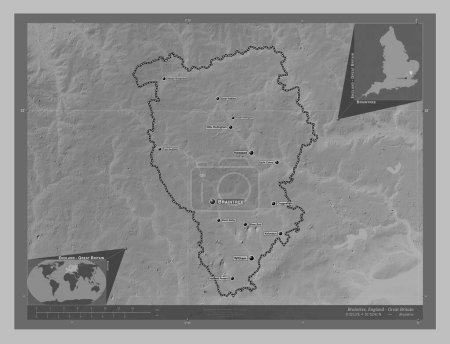 Photo for Braintree, non metropolitan district of England - Great Britain. Grayscale elevation map with lakes and rivers. Locations and names of major cities of the region. Corner auxiliary location maps - Royalty Free Image