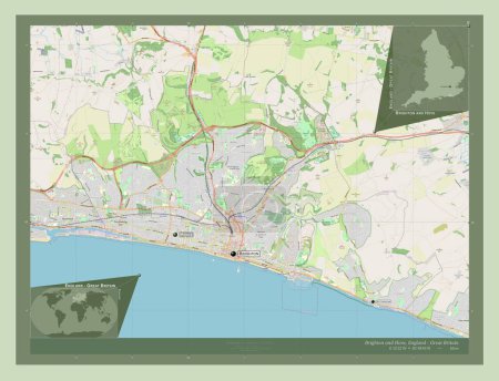 Foto de Brighton y Hove, autoridad unitaria de Inglaterra Gran Bretaña. Open Street Map. Ubicaciones y nombres de las principales ciudades de la región. Mapas de ubicación auxiliares de esquina - Imagen libre de derechos