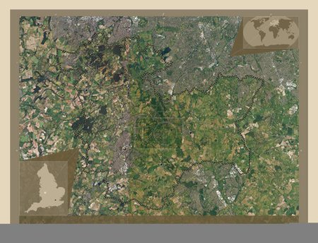 Foto de Bromsgrove, distrito no metropolitano de Inglaterra - Gran Bretaña. Mapa satelital de alta resolución. Ubicaciones de las principales ciudades de la región. Mapas de ubicación auxiliares de esquina - Imagen libre de derechos