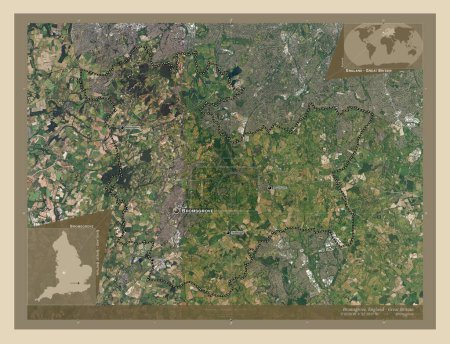 Foto de Bromsgrove, distrito no metropolitano de Inglaterra - Gran Bretaña. Mapa satelital de alta resolución. Ubicaciones y nombres de las principales ciudades de la región. Mapas de ubicación auxiliares de esquina - Imagen libre de derechos