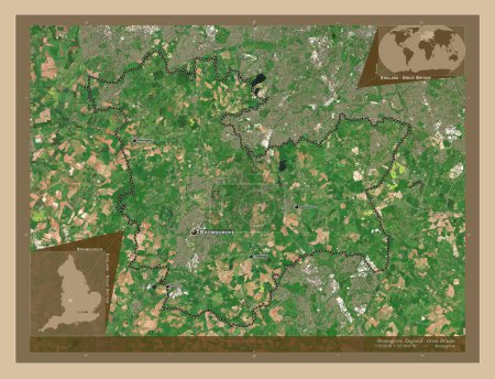 Foto de Bromsgrove, distrito no metropolitano de Inglaterra - Gran Bretaña. Mapa satelital de baja resolución. Ubicaciones y nombres de las principales ciudades de la región. Mapas de ubicación auxiliares de esquina - Imagen libre de derechos