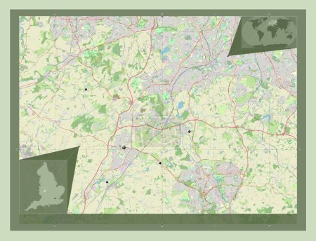 Foto de Bromsgrove, distrito no metropolitano de Inglaterra - Gran Bretaña. Open Street Map. Ubicaciones de las principales ciudades de la región. Mapas de ubicación auxiliares de esquina - Imagen libre de derechos