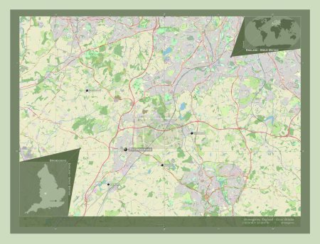 Foto de Bromsgrove, distrito no metropolitano de Inglaterra - Gran Bretaña. Open Street Map. Ubicaciones y nombres de las principales ciudades de la región. Mapas de ubicación auxiliares de esquina - Imagen libre de derechos