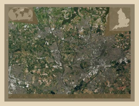 Foto de Broxtowe, distrito no metropolitano de Inglaterra - Gran Bretaña. Mapa satelital de alta resolución. Ubicaciones de las principales ciudades de la región. Mapas de ubicación auxiliares de esquina - Imagen libre de derechos