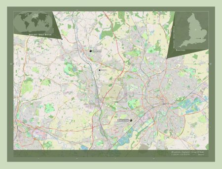 Foto de Broxtowe, distrito no metropolitano de Inglaterra - Gran Bretaña. Open Street Map. Ubicaciones y nombres de las principales ciudades de la región. Mapas de ubicación auxiliares de esquina - Imagen libre de derechos