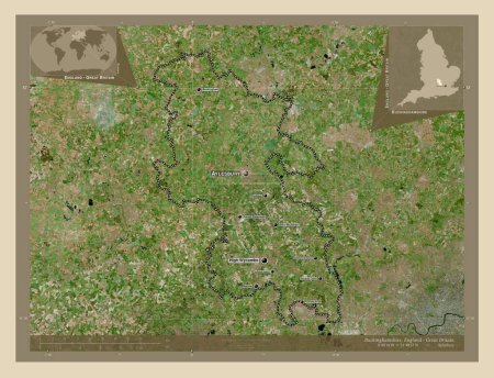 Foto de Buckinghamshire, condado administrativo de Inglaterra - Gran Bretaña. Mapa satelital de alta resolución. Ubicaciones y nombres de las principales ciudades de la región. Mapas de ubicación auxiliares de esquina - Imagen libre de derechos
