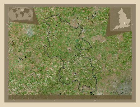 Foto de Buckinghamshire, condado administrativo de Inglaterra - Gran Bretaña. Mapa satelital de alta resolución. Ubicaciones de las principales ciudades de la región. Mapas de ubicación auxiliares de esquina - Imagen libre de derechos