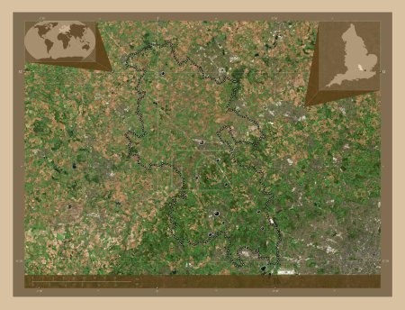 Foto de Buckinghamshire, condado administrativo de Inglaterra - Gran Bretaña. Mapa satelital de baja resolución. Ubicaciones de las principales ciudades de la región. Mapas de ubicación auxiliares de esquina - Imagen libre de derechos