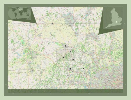 Foto de Buckinghamshire, condado administrativo de Inglaterra - Gran Bretaña. Open Street Map. Ubicaciones de las principales ciudades de la región. Mapas de ubicación auxiliares de esquina - Imagen libre de derechos