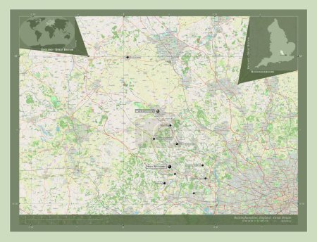 Foto de Buckinghamshire, condado administrativo de Inglaterra - Gran Bretaña. Open Street Map. Ubicaciones y nombres de las principales ciudades de la región. Mapas de ubicación auxiliares de esquina - Imagen libre de derechos