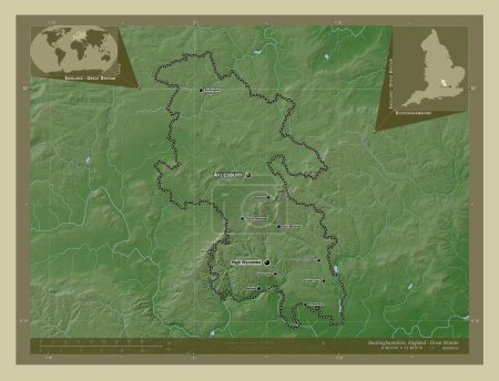 Foto de Buckinghamshire, condado administrativo de Inglaterra - Gran Bretaña. Mapa de elevación coloreado en estilo wiki con lagos y ríos. Ubicaciones y nombres de las principales ciudades de la región. Mapas de ubicación auxiliares de esquina - Imagen libre de derechos
