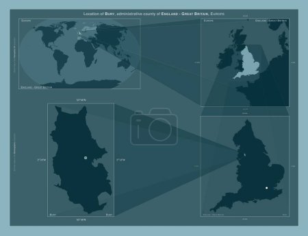 Photo for Bury, administrative county of England - Great Britain. Diagram showing the location of the region on larger-scale maps. Composition of vector frames and PNG shapes on a solid background - Royalty Free Image