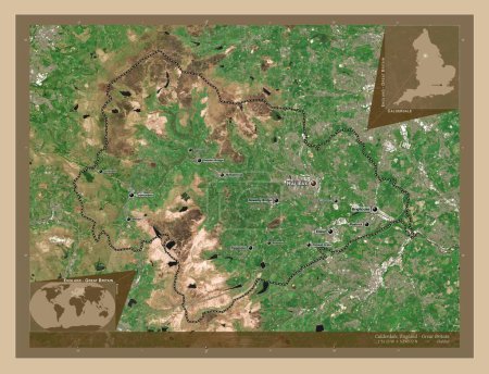 Téléchargez les photos : Calderdale, comté administratif d'Angleterre - Grande-Bretagne. Carte satellite basse résolution. Emplacements et noms des grandes villes de la région. Corner cartes de localisation auxiliaires - en image libre de droit