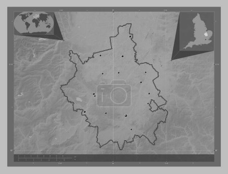 Photo for Cambridgeshire, administrative county of England - Great Britain. Grayscale elevation map with lakes and rivers. Locations of major cities of the region. Corner auxiliary location maps - Royalty Free Image