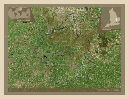 Téléchargez les photos : Cambridgeshire, comté administratif d'Angleterre - Grande-Bretagne. Carte satellite haute résolution. Emplacements et noms des grandes villes de la région. Corner cartes de localisation auxiliaires - en image libre de droit