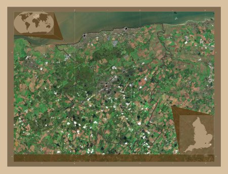 Foto de Canterbury, distrito no metropolitano de Inglaterra - Gran Bretaña. Mapa satelital de baja resolución. Ubicaciones de las principales ciudades de la región. Mapas de ubicación auxiliares de esquina - Imagen libre de derechos