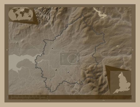 Photo for Carlisle, non metropolitan district of England - Great Britain. Elevation map colored in sepia tones with lakes and rivers. Locations of major cities of the region. Corner auxiliary location maps - Royalty Free Image