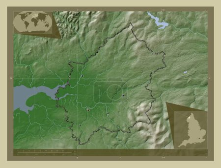 Foto de Carlisle, distrito no metropolitano de Inglaterra Gran Bretaña. Mapa de elevación coloreado en estilo wiki con lagos y ríos. Ubicaciones de las principales ciudades de la región. Mapas de ubicación auxiliares de esquina - Imagen libre de derechos