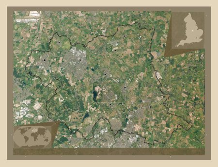 Foto de Charnwood, distrito no metropolitano de Inglaterra - Gran Bretaña. Mapa satelital de alta resolución. Ubicaciones de las principales ciudades de la región. Mapas de ubicación auxiliares de esquina - Imagen libre de derechos
