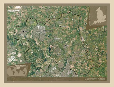 Foto de Charnwood, distrito no metropolitano de Inglaterra - Gran Bretaña. Mapa satelital de alta resolución. Ubicaciones y nombres de las principales ciudades de la región. Mapas de ubicación auxiliares de esquina - Imagen libre de derechos