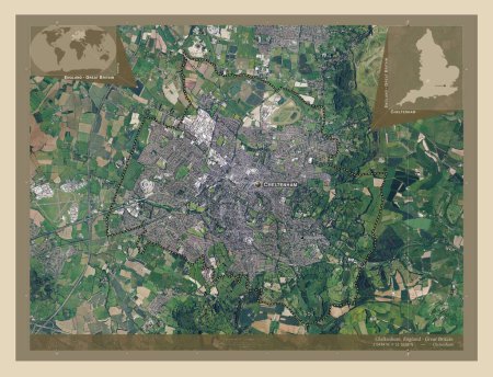 Foto de Cheltenham, distrito no metropolitano de Inglaterra Gran Bretaña. Mapa satelital de alta resolución. Ubicaciones y nombres de las principales ciudades de la región. Mapas de ubicación auxiliares de esquina - Imagen libre de derechos