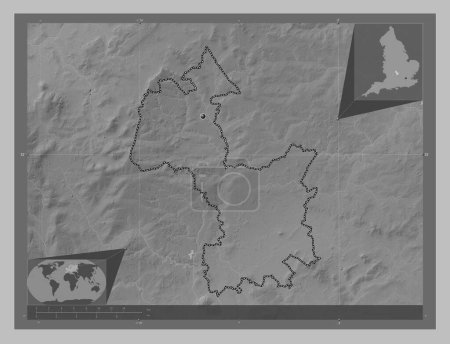 Foto de Cherwell, distrito no metropolitano de Inglaterra Gran Bretaña. Mapa de elevación a escala de grises con lagos y ríos. Mapas de ubicación auxiliares de esquina - Imagen libre de derechos