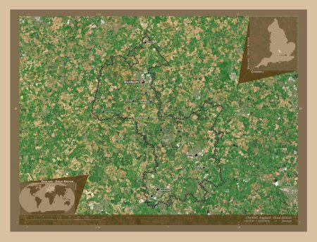 Foto de Cherwell, distrito no metropolitano de Inglaterra Gran Bretaña. Mapa satelital de baja resolución. Ubicaciones y nombres de las principales ciudades de la región. Mapas de ubicación auxiliares de esquina - Imagen libre de derechos