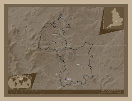 Photo for Cherwell, non metropolitan district of England - Great Britain. Elevation map colored in sepia tones with lakes and rivers. Locations and names of major cities of the region. Corner auxiliary location maps - Royalty Free Image