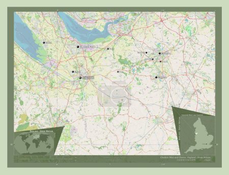 Foto de Cheshire West y Chester, condado administrativo de Inglaterra - Gran Bretaña. Open Street Map. Ubicaciones y nombres de las principales ciudades de la región. Mapas de ubicación auxiliares de esquina - Imagen libre de derechos
