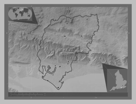 Photo for Chichester, non metropolitan district of England - Great Britain. Grayscale elevation map with lakes and rivers. Locations of major cities of the region. Corner auxiliary location maps - Royalty Free Image